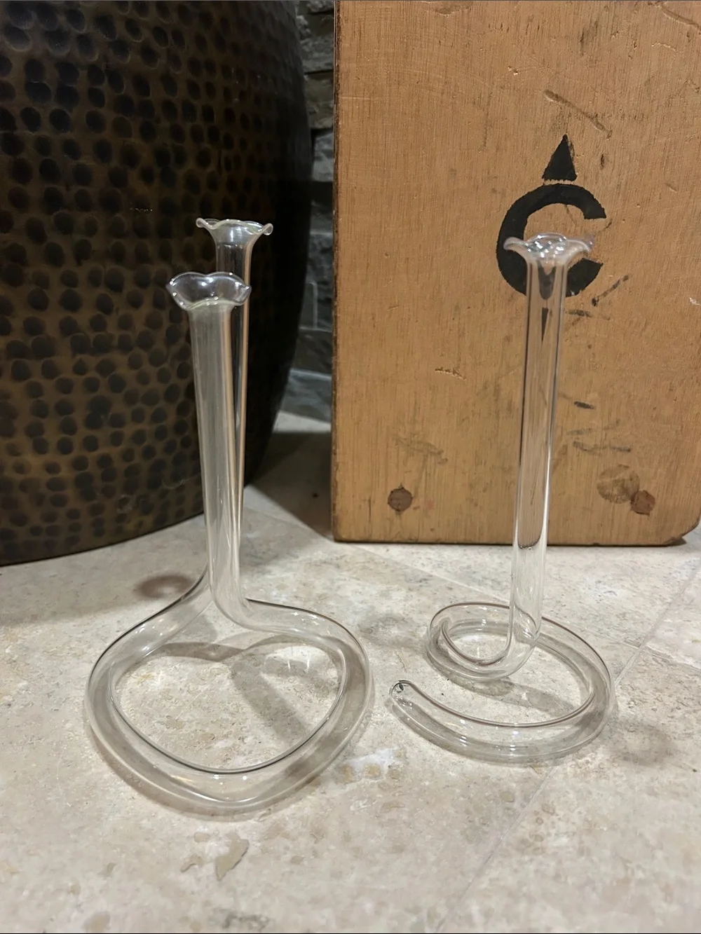 2 vintage hand-blown glass double cylinder twisted infinity tube bud vases